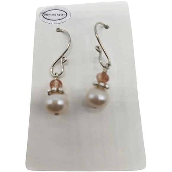 💎Sterling Silver Earrings with Freshwater Pearl and Sunstone Gemstones - Picture 3 of 9